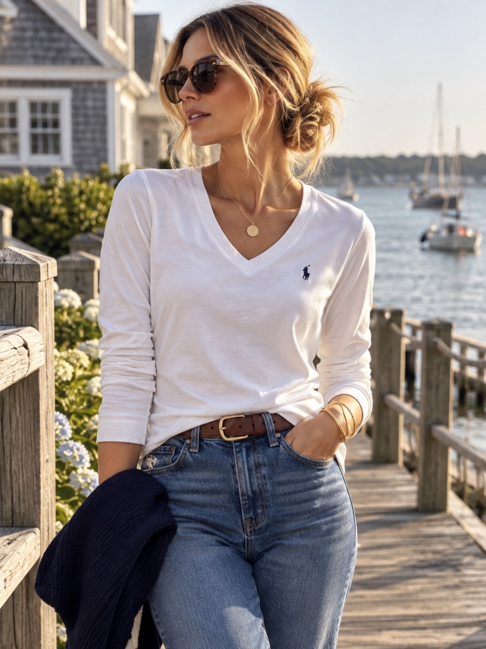 Polo Ralph Lauren White YL 14/16 W S/M Long Sleeve V Neck Tee Navy Pony Coastal
